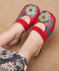 Red Chunky Cowhide Leather Unique Floral Splicing Slide Sandals