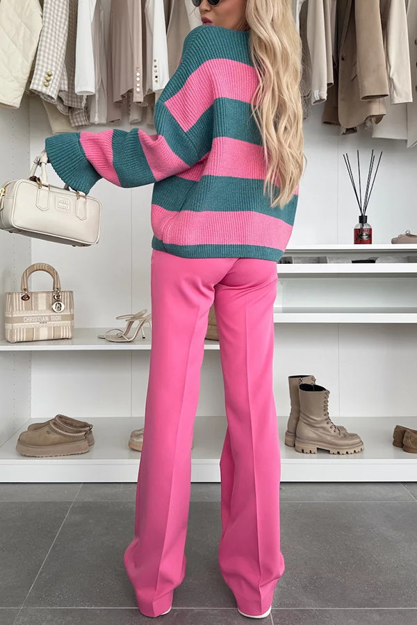 Contrast Striped Casual V-neck Long-sleeved Knitted Cardigan