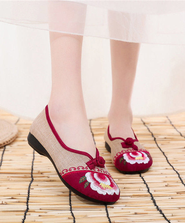 Apricot Genuine Leather Embroider Flower Splicing Flat Feet Shoes