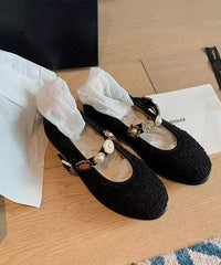 Black Woolen Splicing Flat Shoes Buckle Strap
