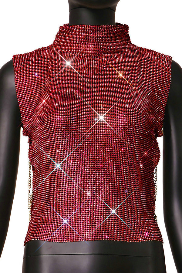 High-neck Rhinestone Metallic Top