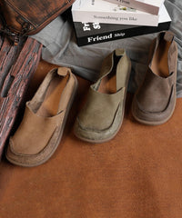 Handmade Khaki Cowhide Leather Splicing Flat Feet Shoes