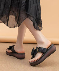 Cameo Brown Floral Handmade Cowhide Leather Wedge Thong Sandals