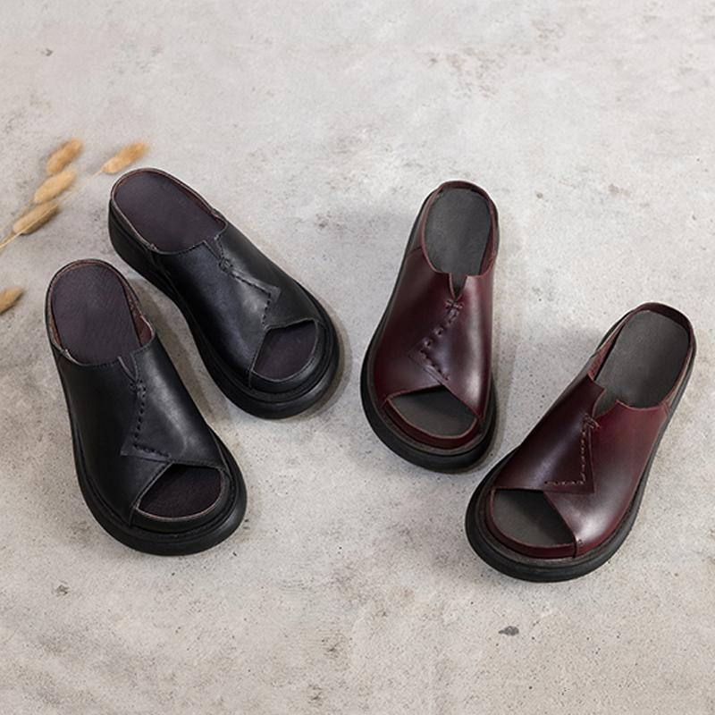 Sewing Platform Casual Leather Slippers