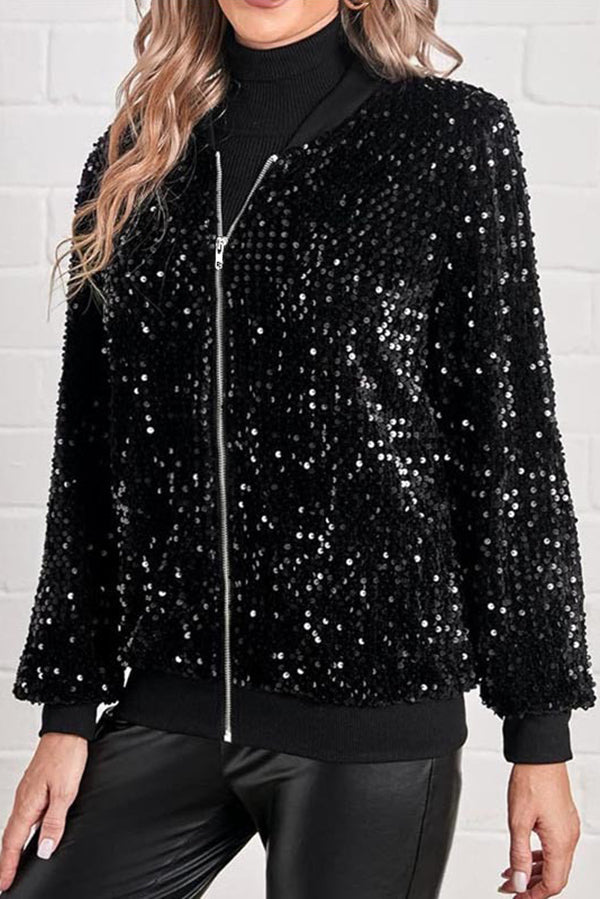 Sequined Long-sleeved Zip-up Casual Jacket
