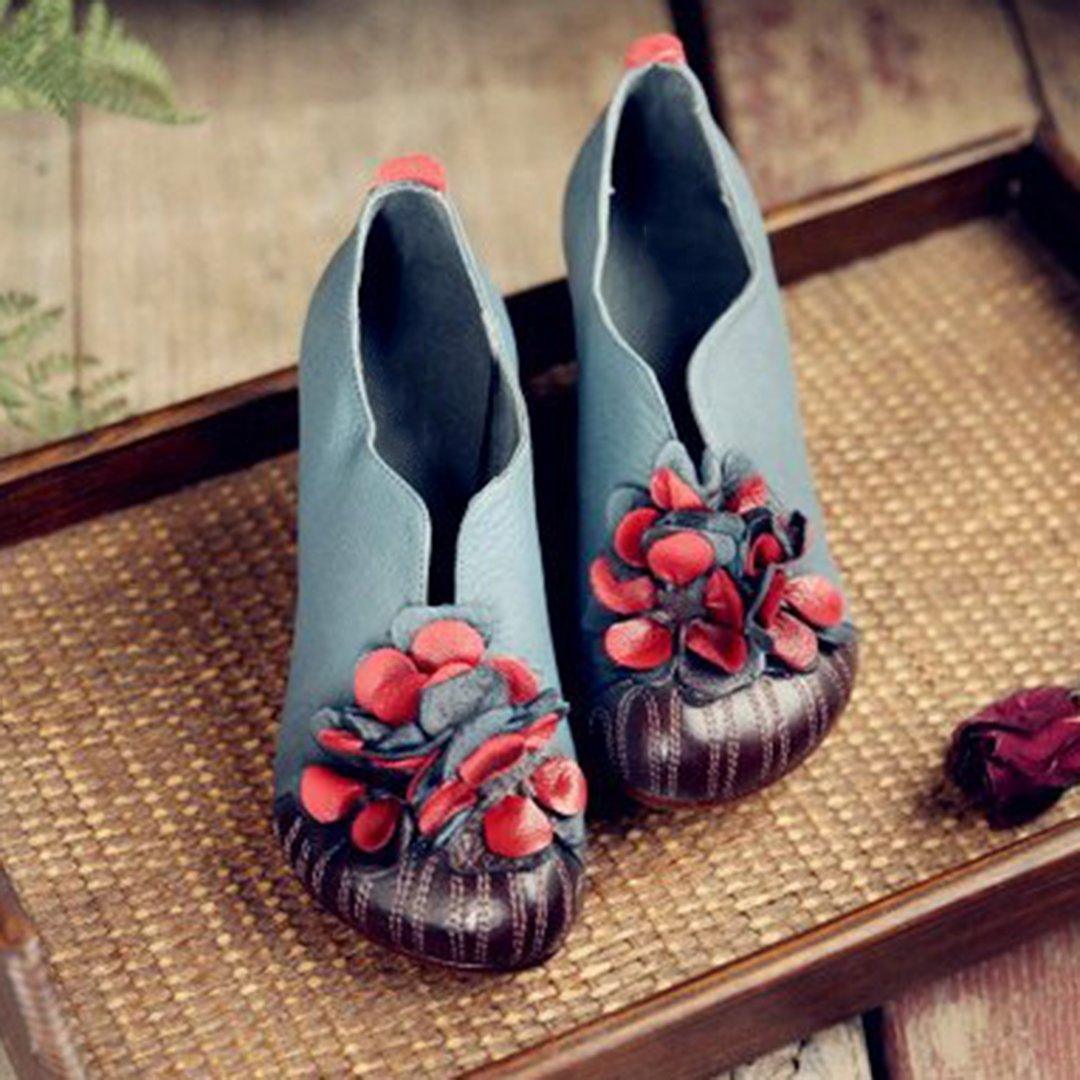 Cozy Flowers Leather Handmade Chunky Heels Comfy Shoes