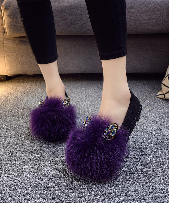 Purple Flat Shoes For Splicing Fuzzy Fur Zircon