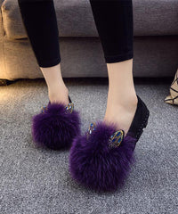 Purple Flat Shoes For Splicing Fuzzy Fur Zircon