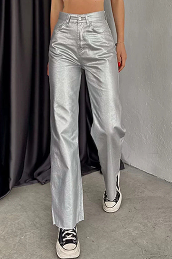 Metallic Fabric Pocket Casual Straight Wide-Leg Pants
