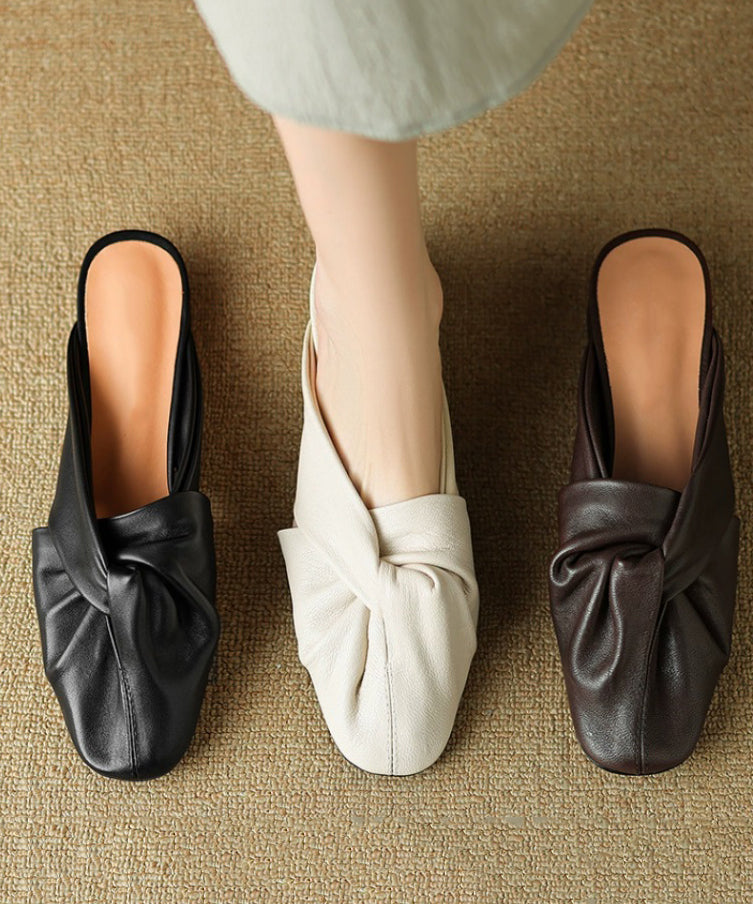 Comfy Splicing Beige Cowhide Leather Slide Sandals