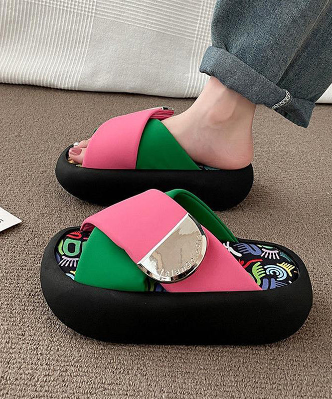 Pink Green Platform Faux Leather Splicing Slide Sandals