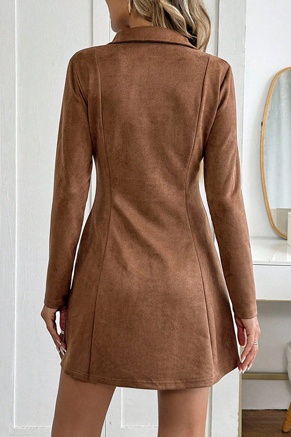Suede Collared Long-sleeved Slim-fit Mini Dress