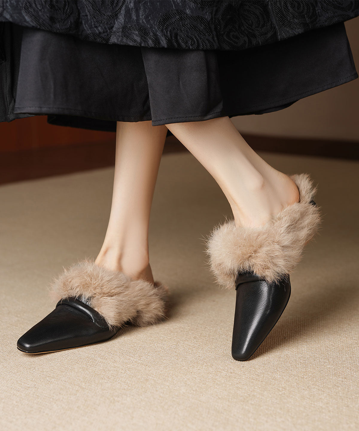 Black Cowhide Leather Comfy Splicing Flats Fuzzy Wool Lined