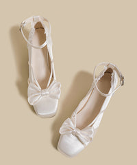 French White Bow Buckle Strap Splicing Satin Chunky Heel Shoes