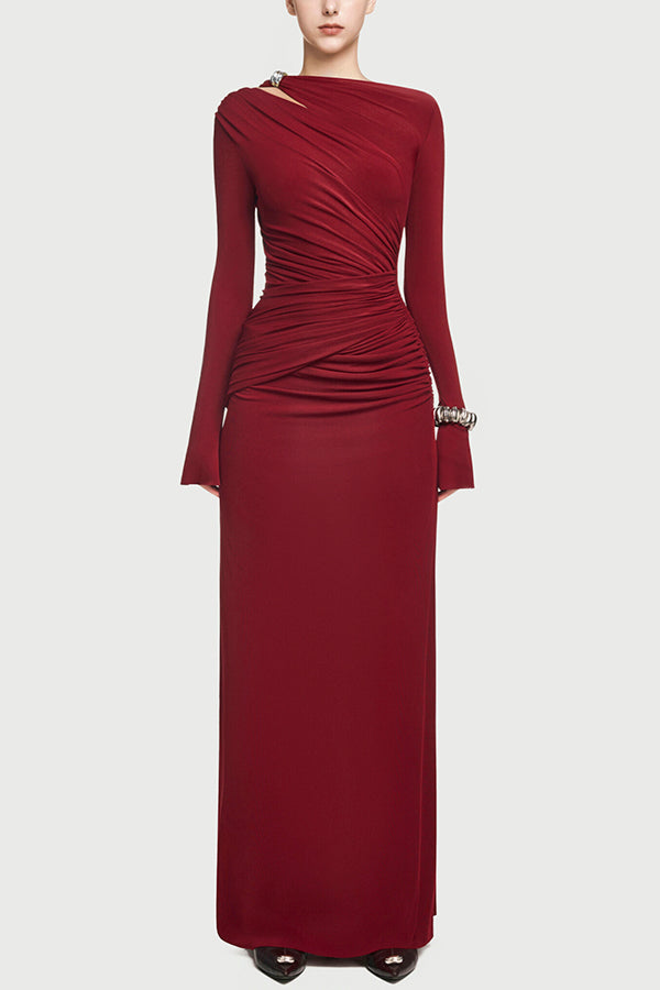 Long-sleeved Slim-fit Pleated Elegant Maxi Dress