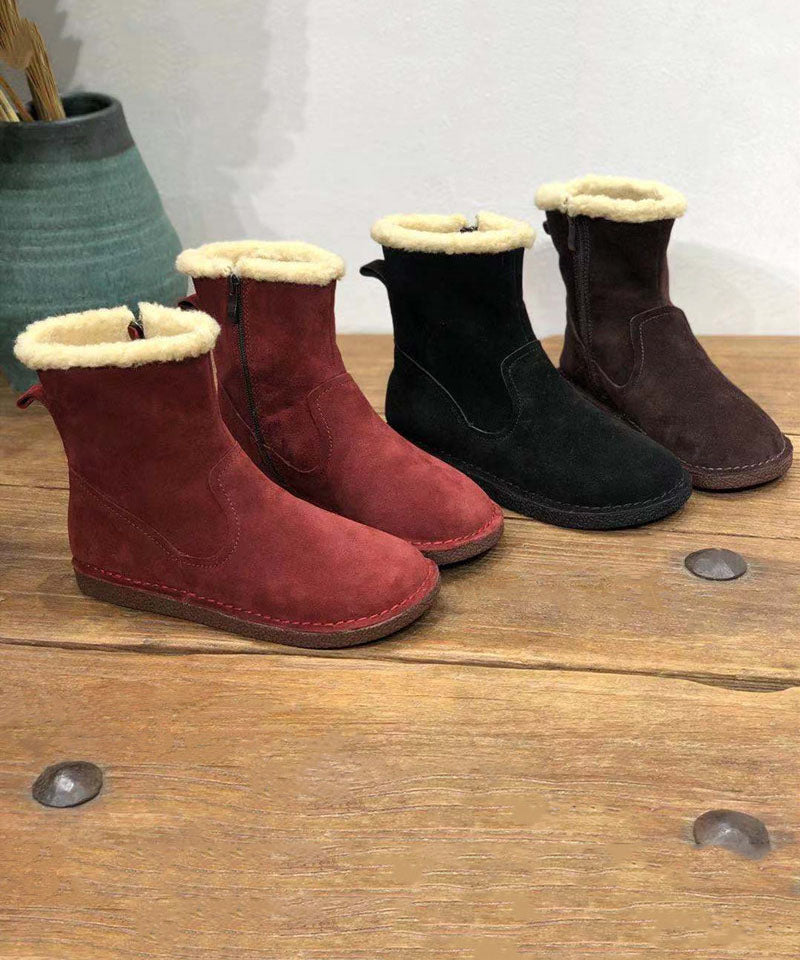 Soft Coffee Cowhide Leather Boots Fuzzy Wool Lined Ankle Boots