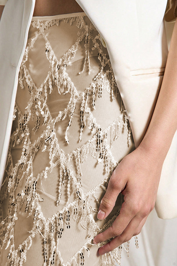 See-through Sequined Tassel Midi Skirt