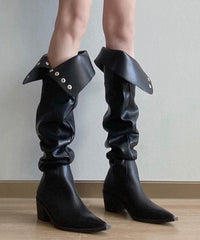 Splicing Chunky Knee Boots Black Faux Leather