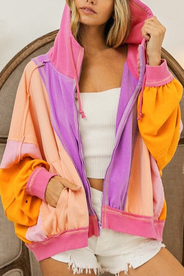 Fresh Color Matching Loose Casual Hooded Jacket