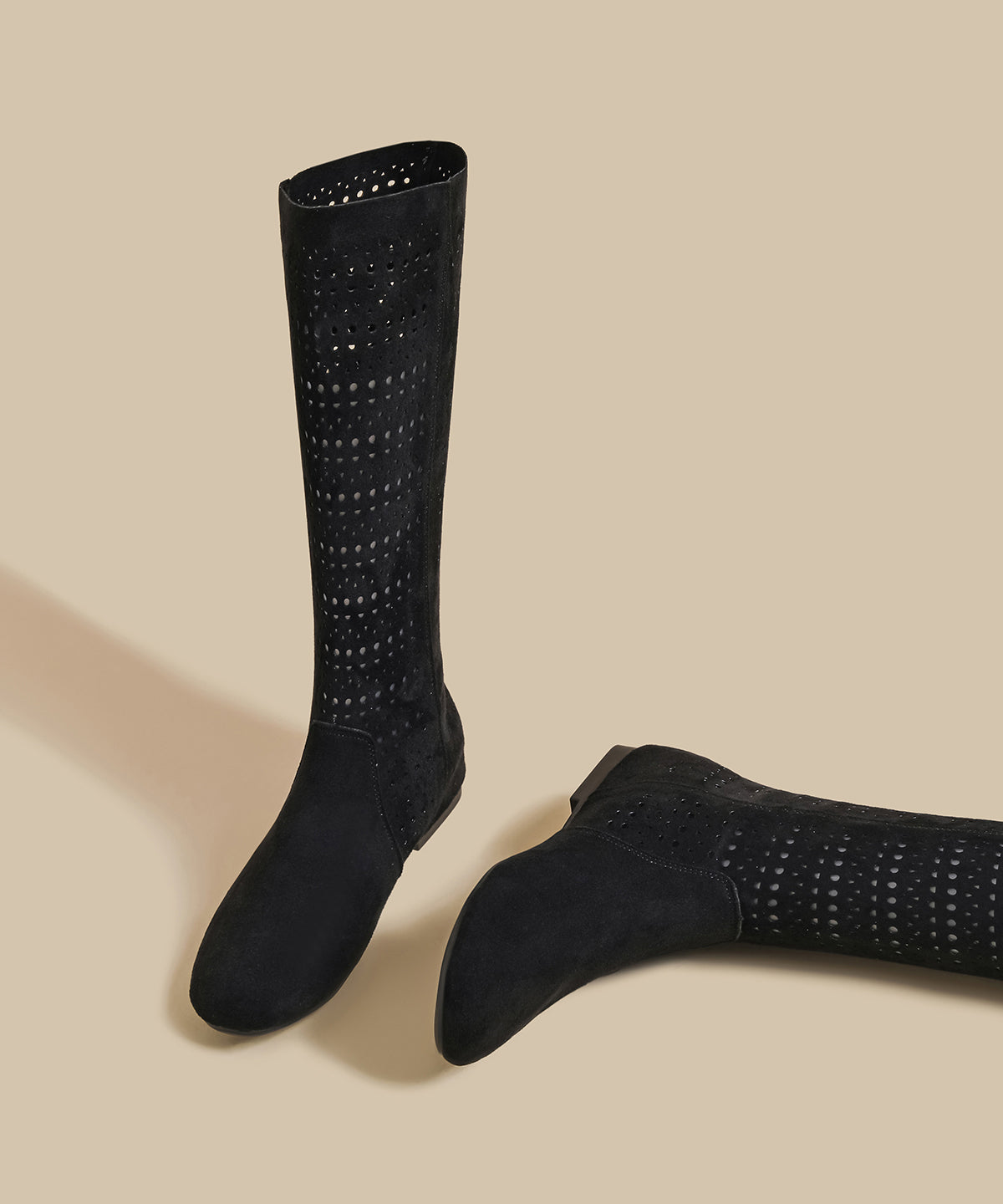 Black Suede Hollow Out Splicing Boots