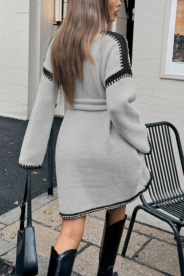 Loose-fitting Long-sleeved Tie-waist Knit Mini Dress