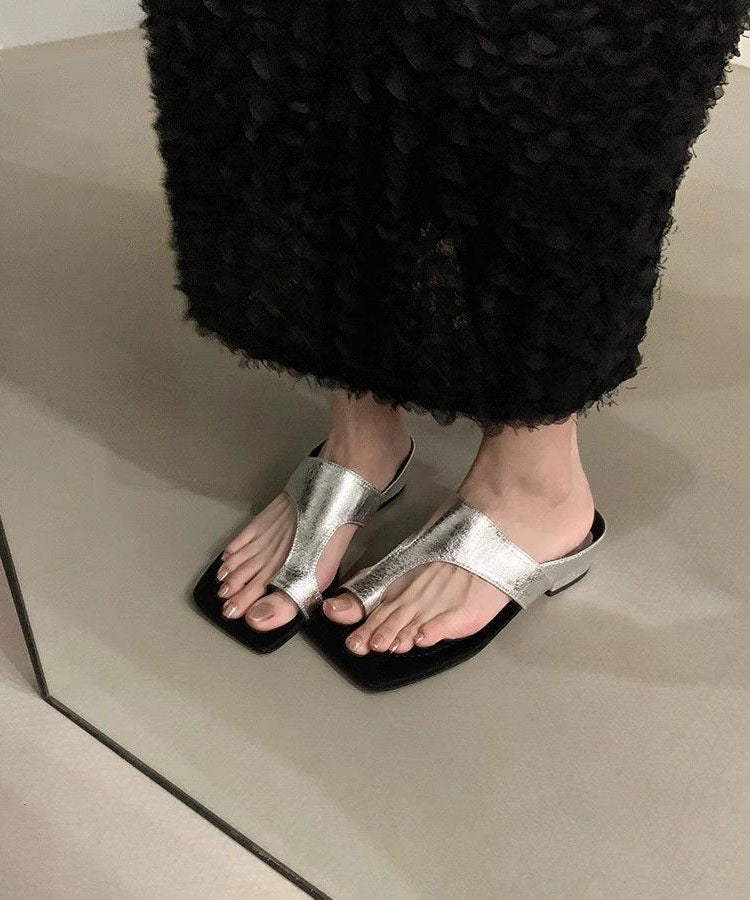 Chic Black Faux Leather Splicing Chunky Thong Sandals