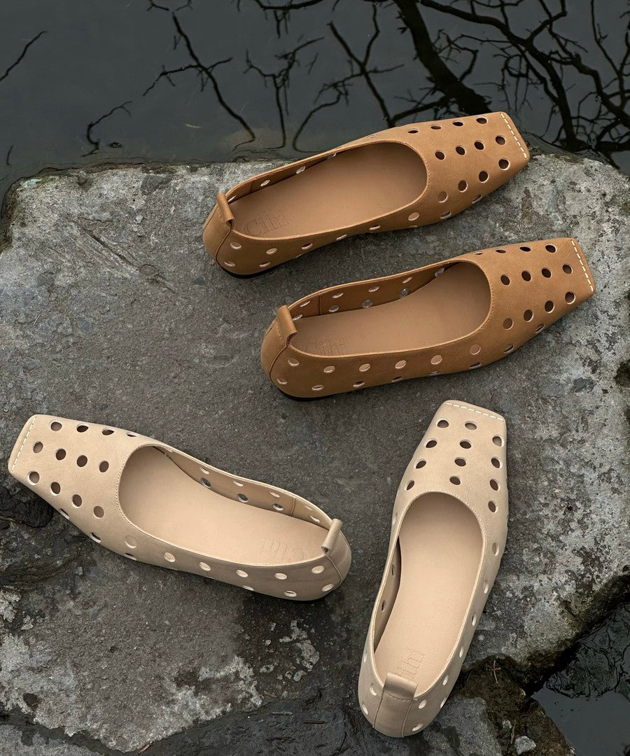 Classy Splicing Flat Shoes Brown Sheepskin Hollow Out