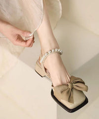 Nail Bead Bow Splicing Chunky Sandals Khaki Faux Leather