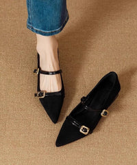 Black Buckle Strap Beautiful Splicing Flat Feet Shoes Pointed Toe