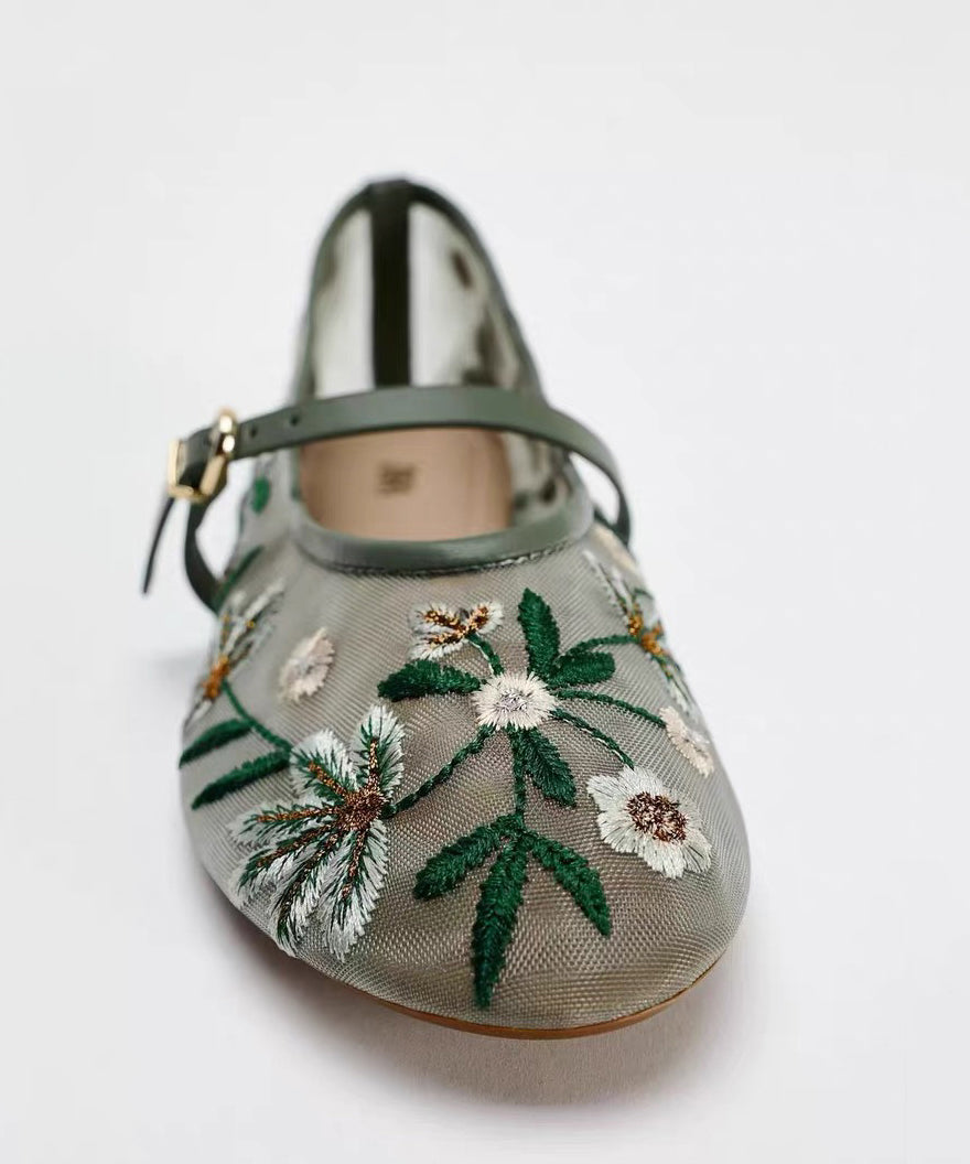 Splicing Flat Shoes Green Breathable Mesh Embroidered