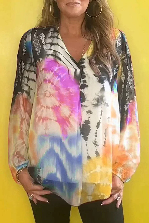 Gradient Tie-dye V-neck Long-sleeved Casual Shirt