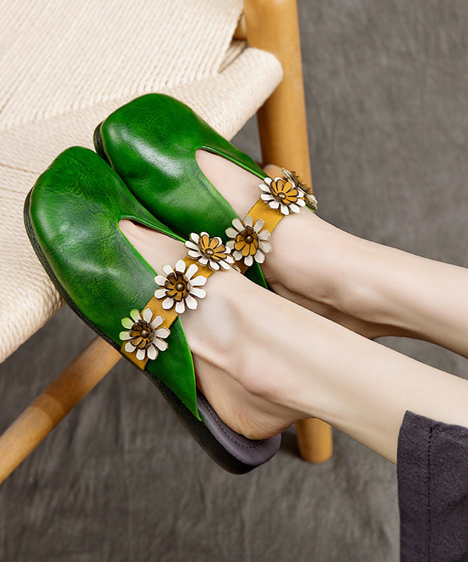 Ethnic Style Green Floral Cowhide Leather Flats Slide Sandals