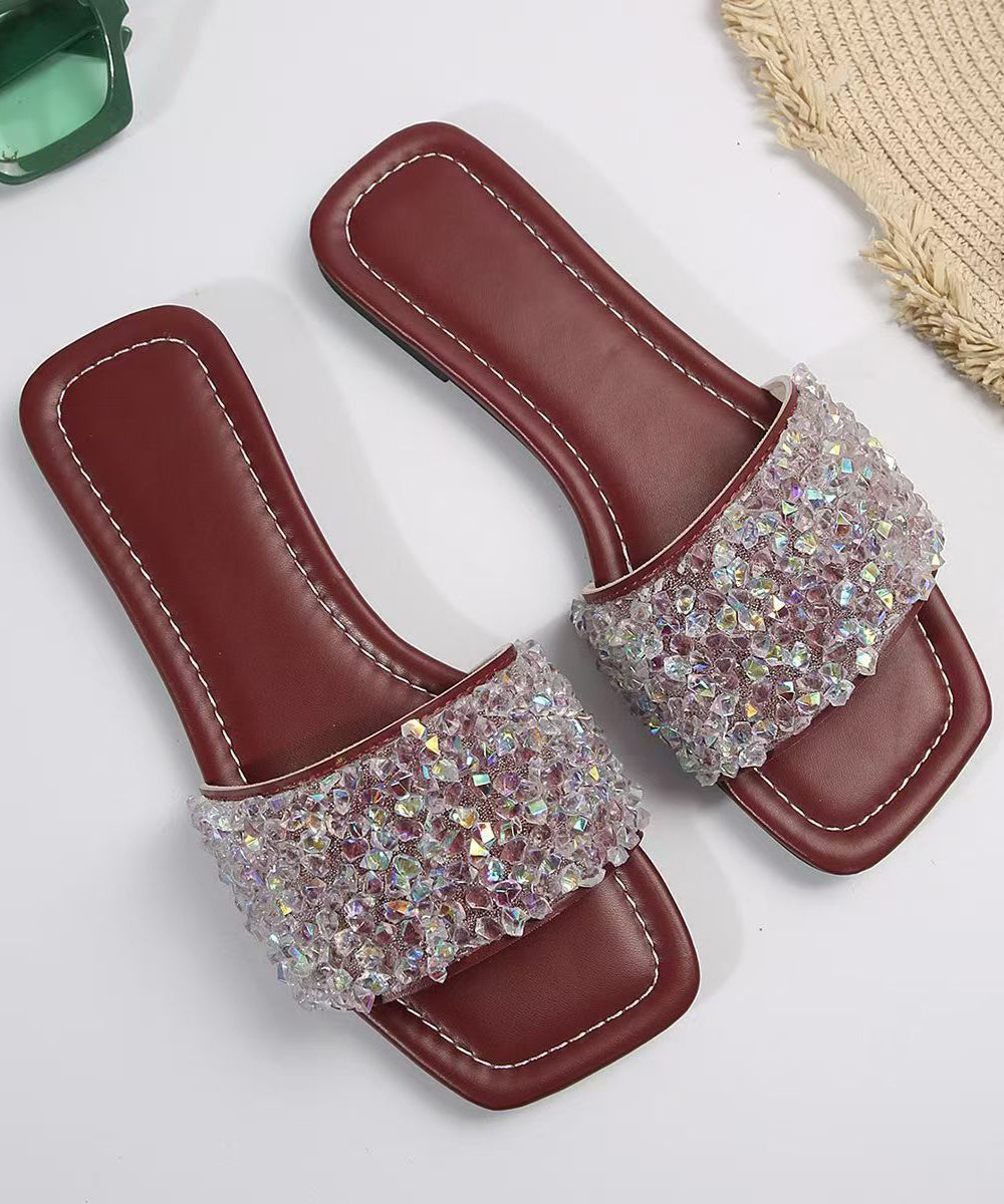 Beautiful Sequins Splicing Wine Red Faux Leather Slide Sandals