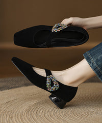 Blue Zircon Buckle Strap Splicing Suede Chunky Shoes