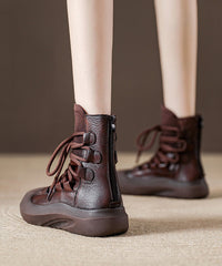 Casual Splicing Platform Boots Black Cowhide Leather Lace Up