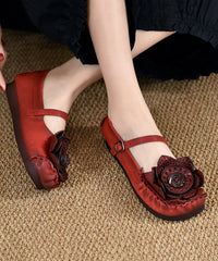 Cowhide Leather Flat Shoes For Red Splicing Floral Buckle Strap