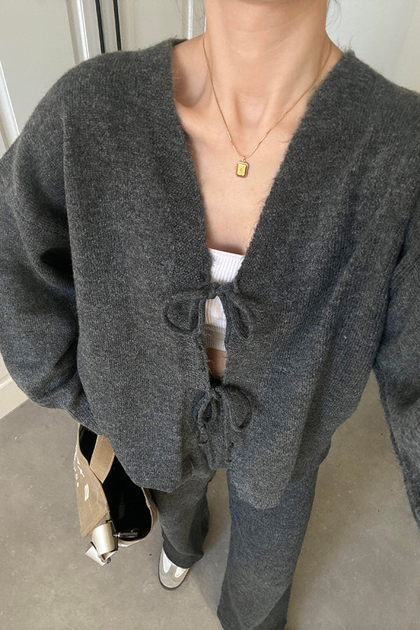 Solid Color V-neck Tie Long-sleeved Loose Knit Cardigan and Elastic Waist Casual Straight Leg Pants Set