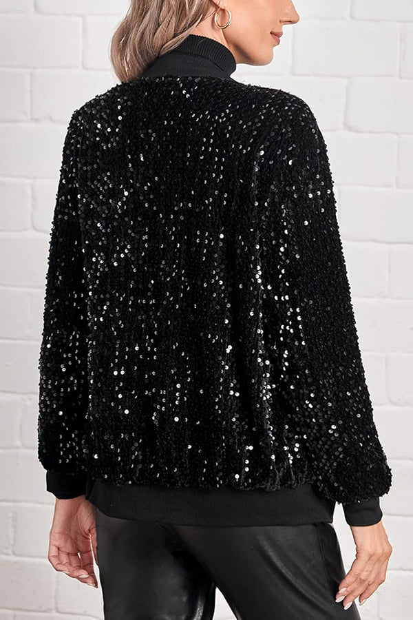 Sequined Long-sleeved Zip-up Casual Jacket
