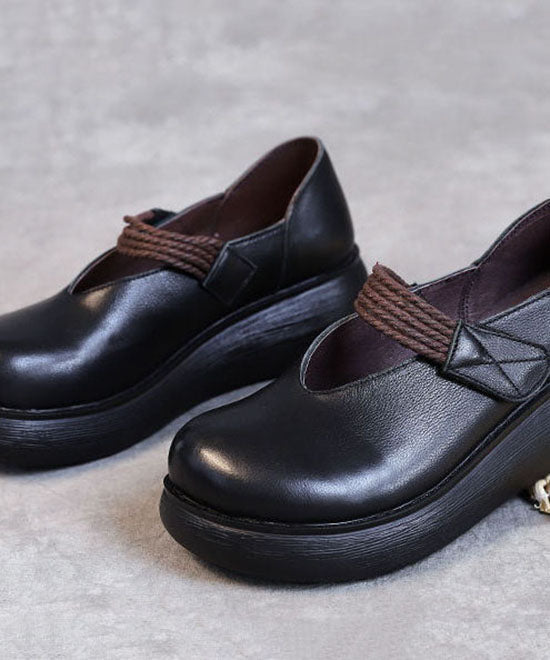 Buckle Strap High Wedge Heels Shoes Black Cowhide Leather