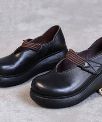 Buckle Strap High Wedge Heels Shoes Black Cowhide Leather