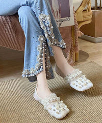 Handmade Loafer Shoes Splicing Tulle Khaki Ruffles Nail Bead Zircon