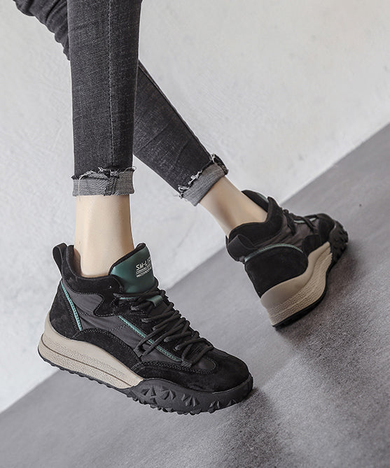 Khaki Platform Suede Lace Up Splicing Flats Fuzzy Wool Lined