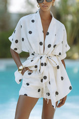 Playful Linen Blend Polka Dot Tie-up Kimono Top and Elastic Waist Pocket Shorts Set