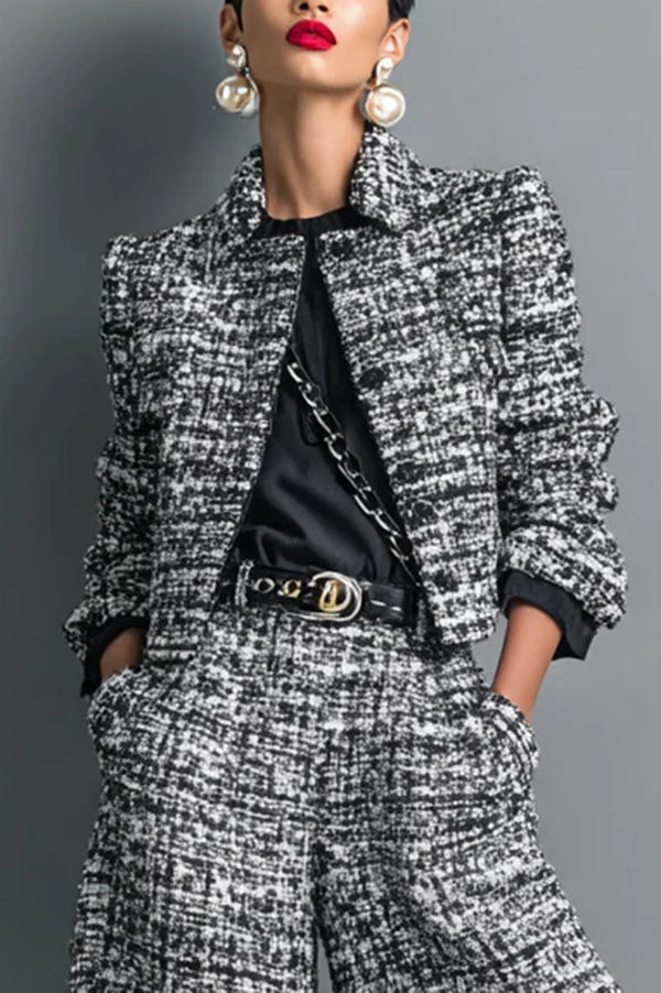 Long-sleeved Single-breasted Short Jacket and Casual Pocket Wide-leg Pants Sets
