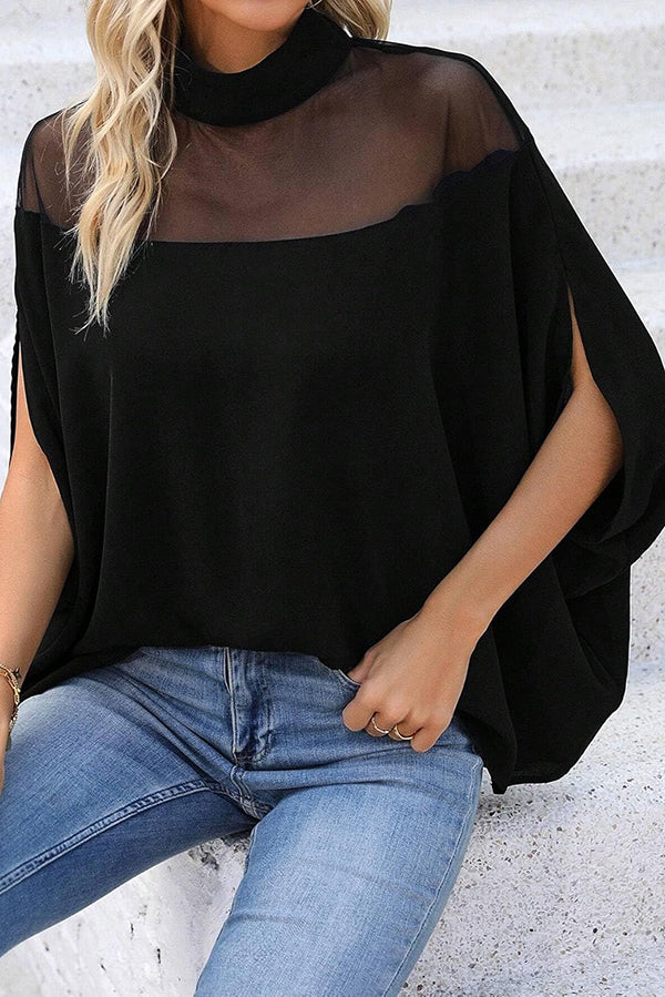 Mesh-paneled Batwing Sleeve High-neck Loose Top