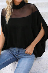 Mesh-paneled Batwing Sleeve High-neck Loose Top