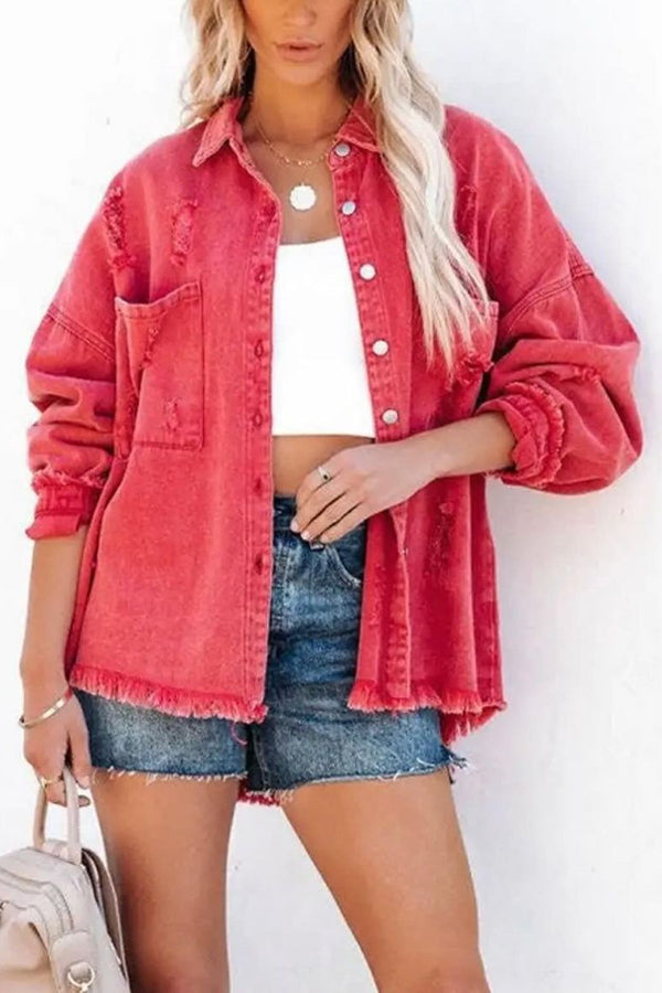 Lapel Long Sleeve Ripped Denim Jacket