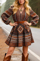 Bohemian Style V-neck Fitted Waist Casual Mini Dress