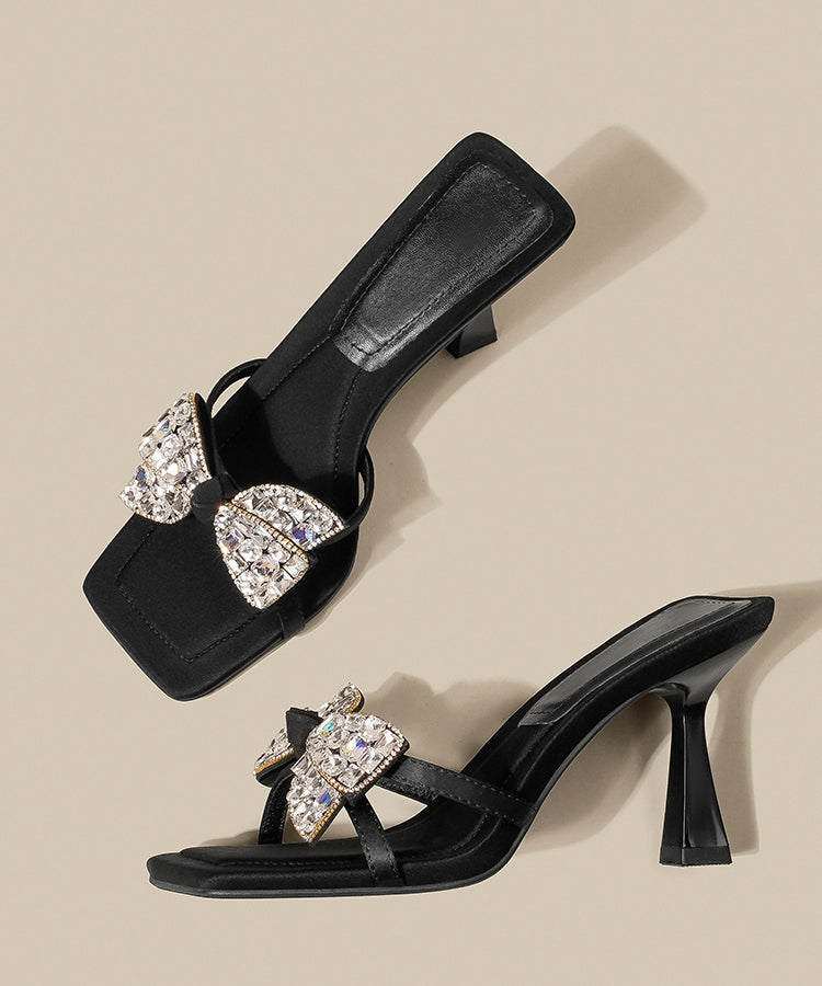 Black Bow Zircon Splicing High Heel Slide Sandals