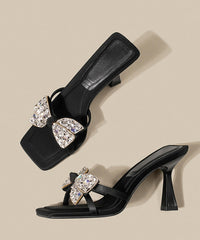Black Bow Zircon Splicing High Heel Slide Sandals